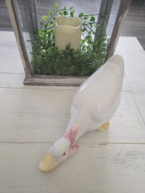 White Ceramic Goose Figurine with Pink Ribbon - Home Accents